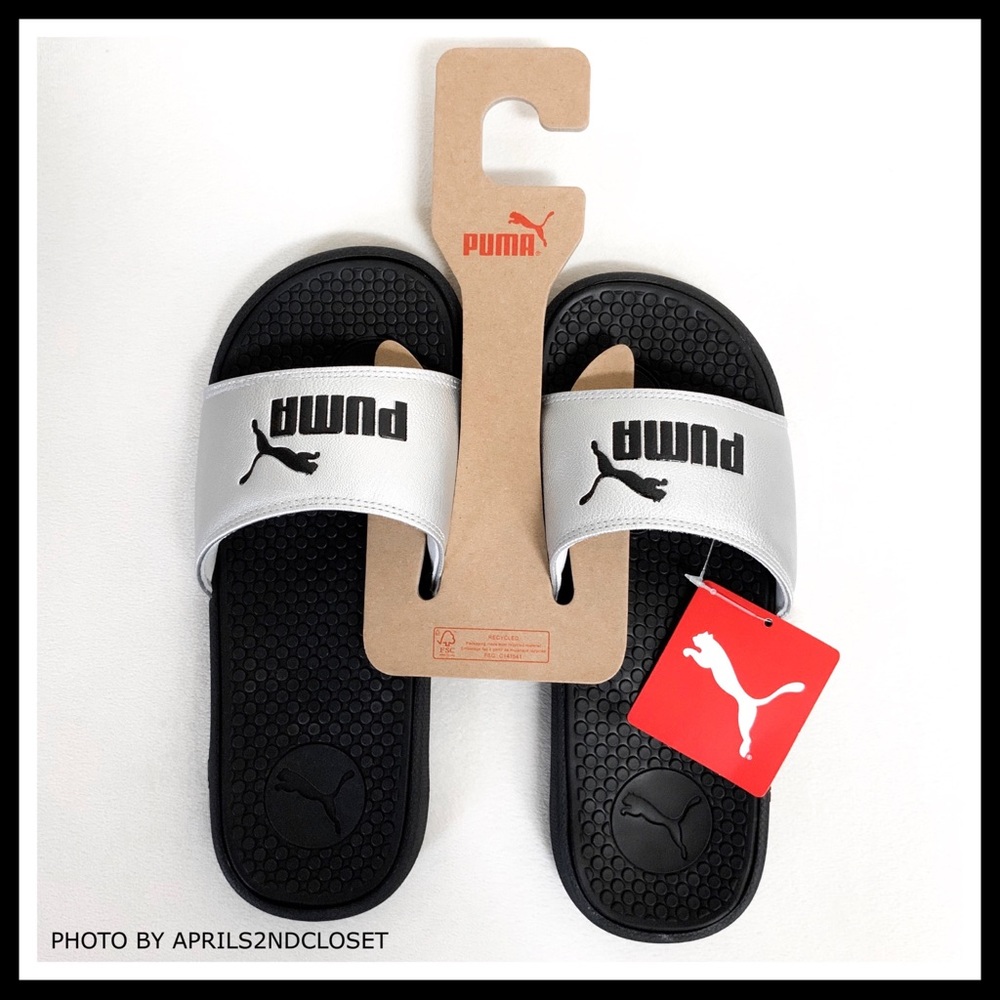 PUMA SILVER BLACK SLIDES SANDALS CAT SLIP ONS A2C - Picture 4 of 8